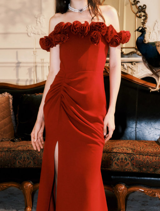 Burgunderrotes abnehmbares Sling-Kleid mit 3D-Rosen ED0973