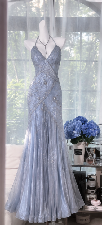 Chic Blue Prom Dress Sheath Chiffon Beaded Evening Gown ED09745