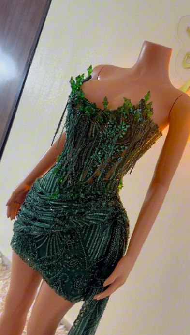 Fashion Dark Green Hoco Dress Strapless Sheath Birthday Dress Tulle Beaded Dress for Party ED09748-1