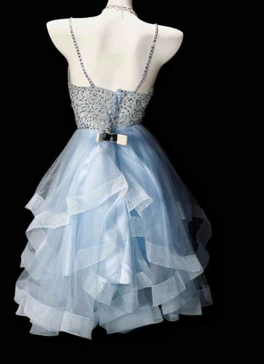 Fashion Pale Blue Hoco Dress Straps A-Line Birthday Dress Tulle Dress for Party ED09750