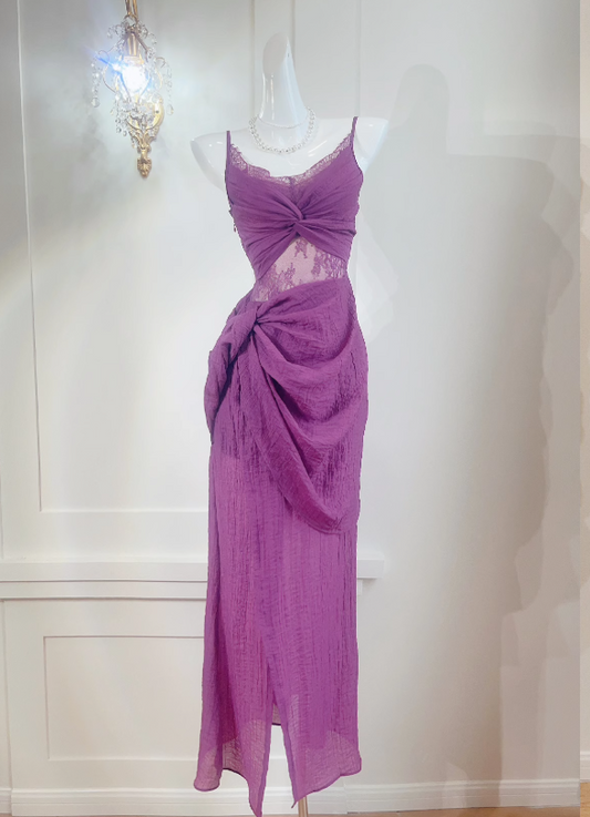 Französisches Retro-Spitzenkleid am Meer, lila ED0975