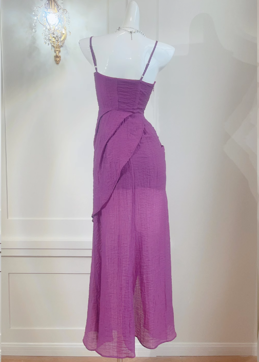 Französisches Retro-Spitzenkleid am Meer, lila ED0975