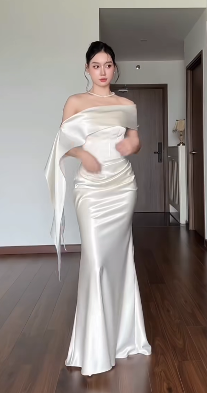Glam White Prom Dress Satin Sheath Evening Dress ED09764