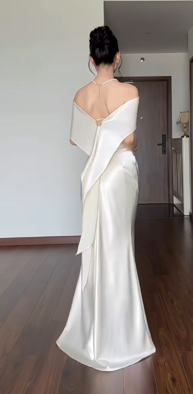 Glam White Prom Dress Satin Sheath Evening Dress ED09764
