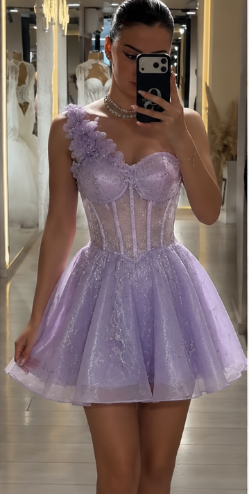 Glam Lilac Short Homecoming Dress Tulle A-Line Birthday Dress ED09771