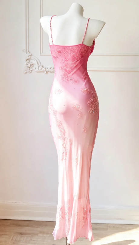 Robe de soirée rose glamour en mousseline fourreau ornée de perles ED09793