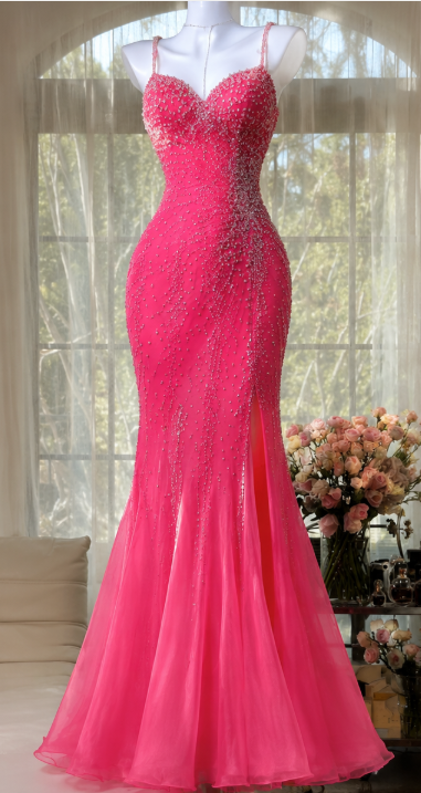 Elegantes rosa Abendkleid, Scheide, Perlenstickerei, Chiffon, langes Ballkleid ED09806