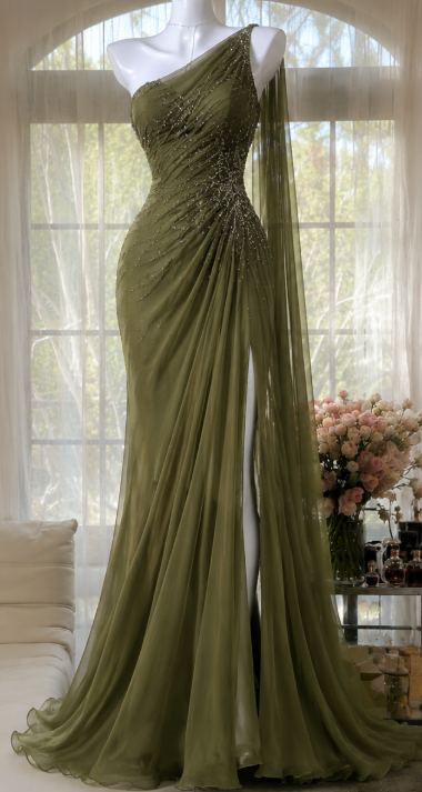Chic Olive Green Evening Dress Sheath Beaded Chiffon Long Prom Dress ED09811