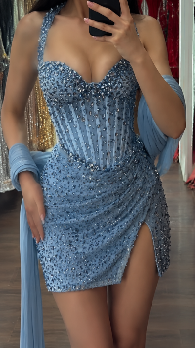 Robe de bal bleu chic Robe fourreau en tulle perlée ED09856