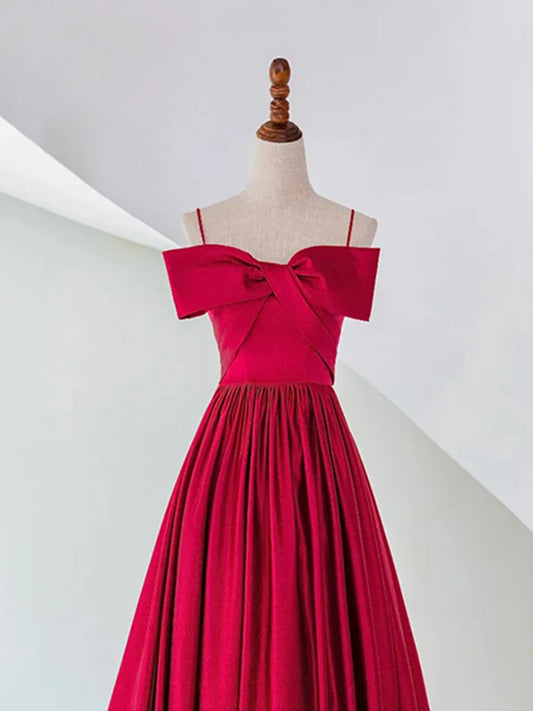 A-Line Off Shoulder Satin Red Long Prom Dress, Red Evening Dress ED0992