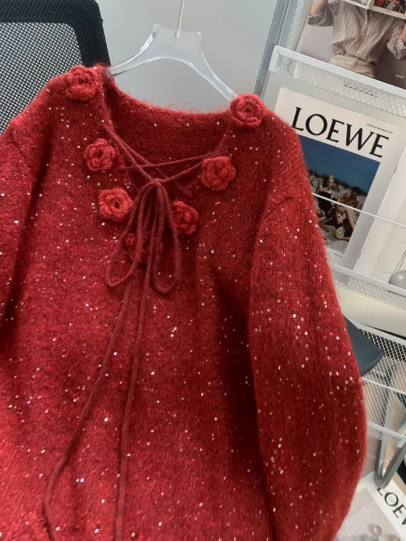 Roter Strickpullover mit Pailletten und 3D-Blumen ED0988