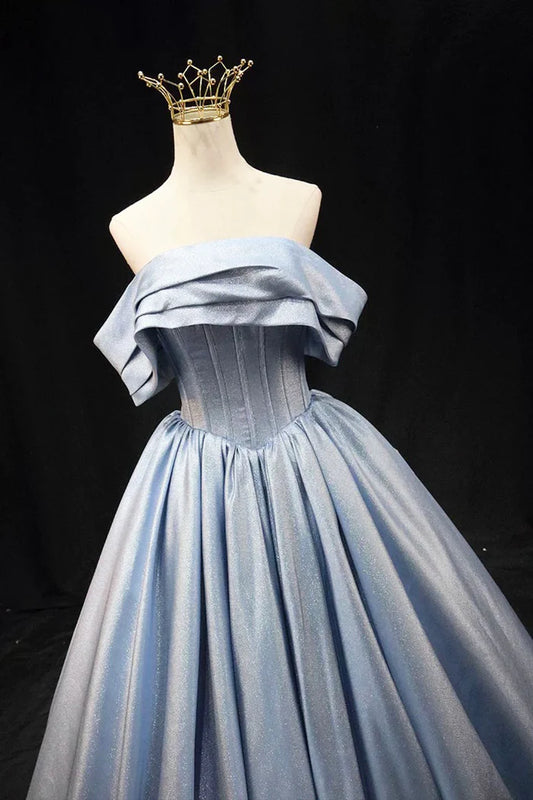 Gray Blue Satin Long Prom Dress, Elegant Off the Shoulder Evening Party Dress ED0995