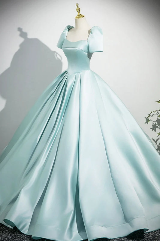 A-Linie Satin Langes Ballkleid, Wunderschönes blaues Kurzarm-Abendkleid ED0996