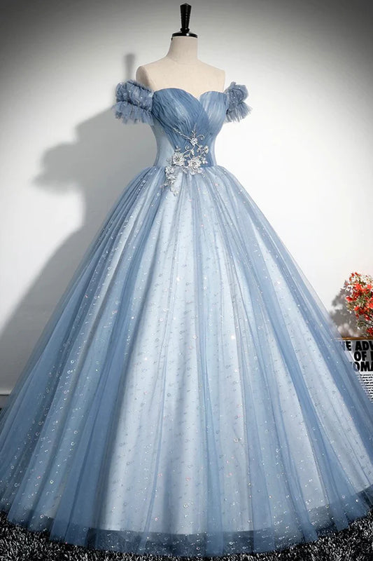 Gray Blue  A-Line Tulle Sequins Long Prom Dress, Beautiful Gray Blue Evening Party Dress ED0997