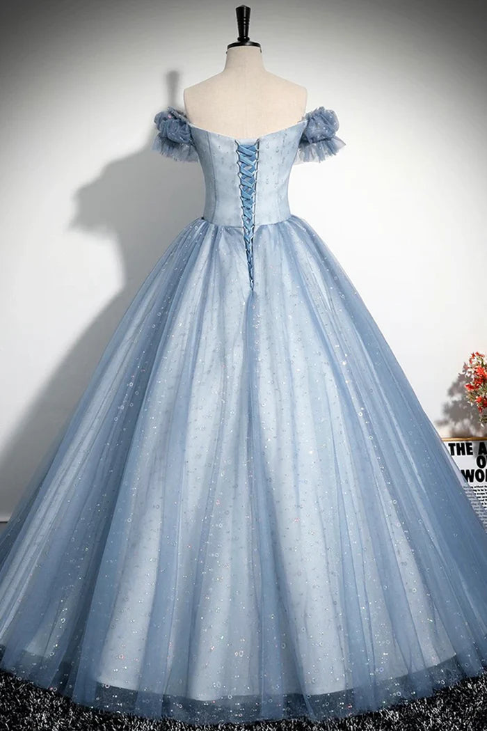 Graublaues A-Linien-Tüll-Pailletten-Langballkleid, wunderschönes graublaues Abendpartykleid ED0997