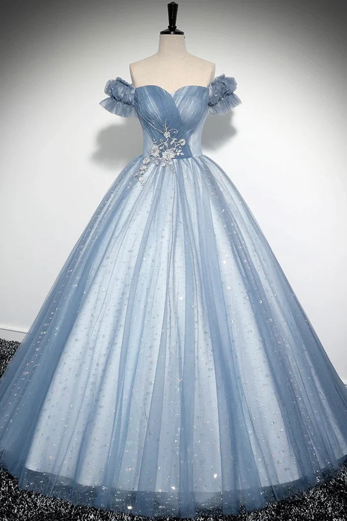 Graublaues A-Linien-Tüll-Pailletten-Langballkleid, wunderschönes graublaues Abendpartykleid ED0997