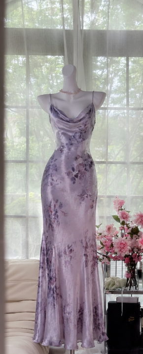 Elegantes lila Abschlussballkleid Scheide Satin langes Abendkleid ED09979