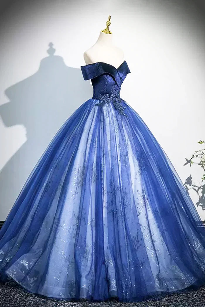 Blue A-Line Velvet Tulle Long Prom Dress, Elegant Off the Shoulder Party Dress ED0998
