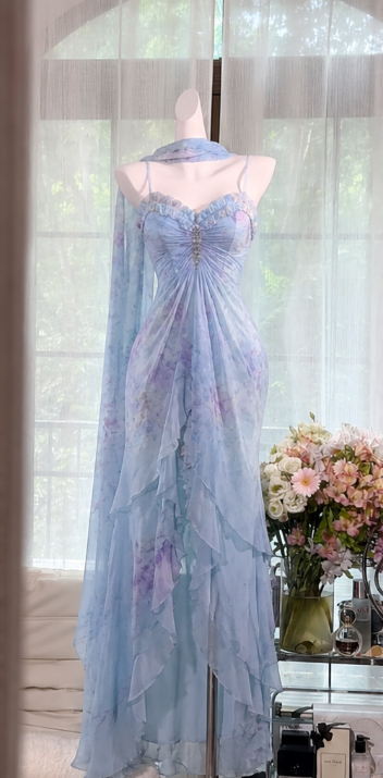 Elegantes blaues Ballkleid Etui Chiffon Perlen Lang Abendkleid ED09985