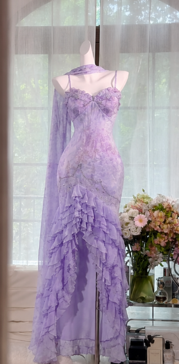 Elegantes violettes Ballkleid Etui Chiffon Langes Abendkleid ED09986