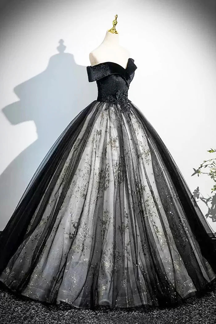 Black A-Line Velvet Tulle Long Prom Dress, Elegant Off the Shoulder Party Dress ED0999