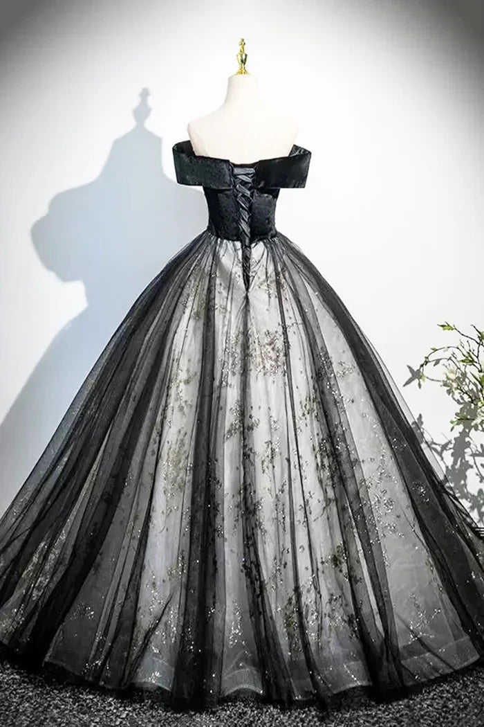 Black A-Line Velvet Tulle Long Prom Dress, Elegant Off the Shoulder Party Dress ED0999