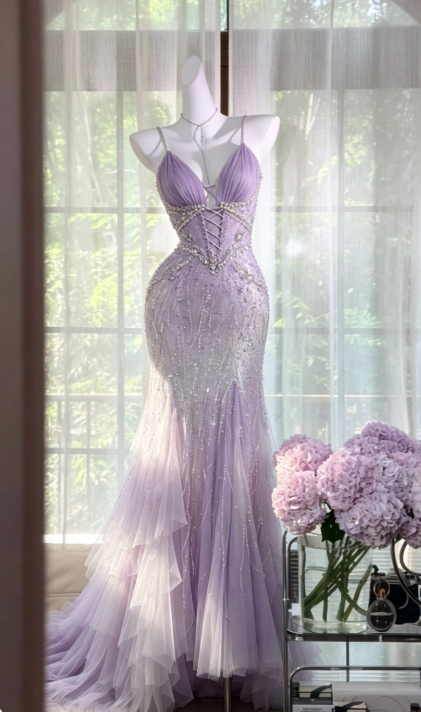 Chic Purple Long Prom Dress Sheath Chiffon Beaded Evening Dress ED10002