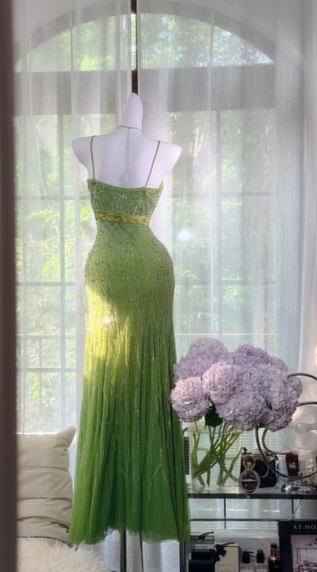 Chic Green Long Prom Dress Sheath Chiffon Beaded Evening Dress ED10003