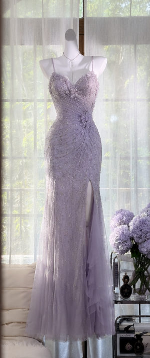 Chic Light Purple Long Prom Dress Sheath Chiffon Beaded Evening Dress ED10014