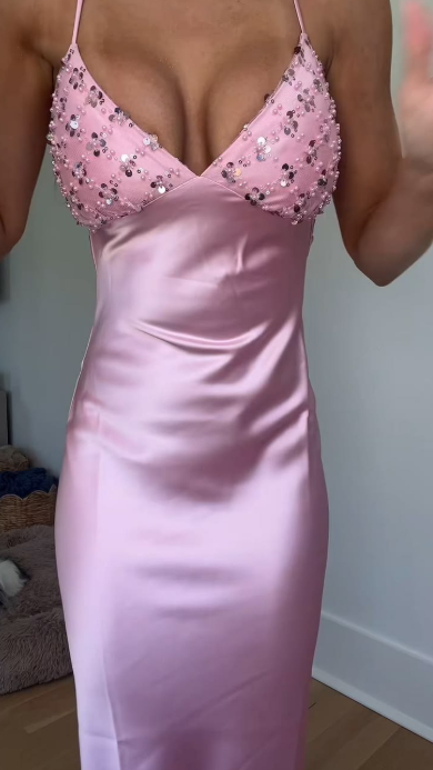 Charming Pink Prom Dress Sheath Satin Long Evening Dress ED10318