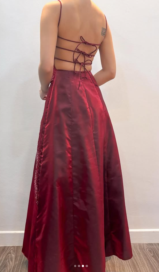 Chic Burgundy Long Prom Dress A-Line Beaded Satin Evening Dress ED10372