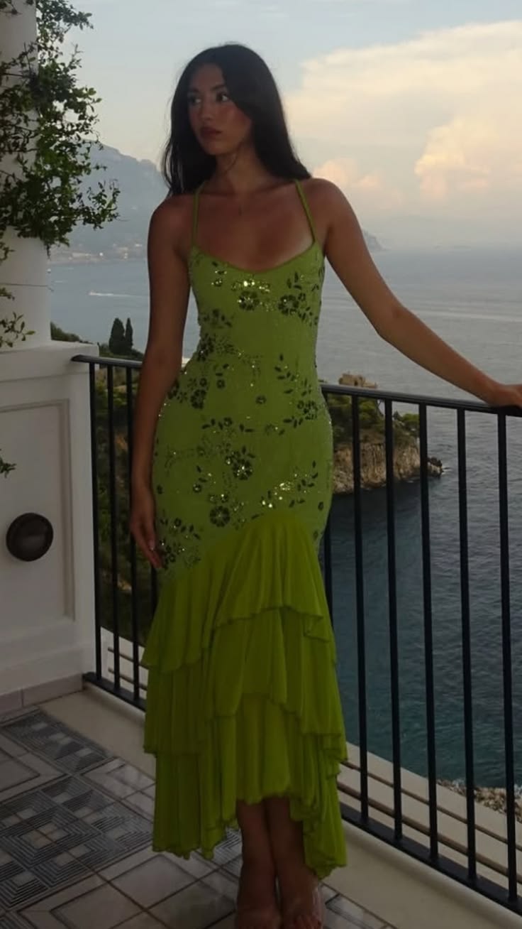 Chic Green Prom Dress Chiffon Beaded Sheath Long Evening Dress ED10397