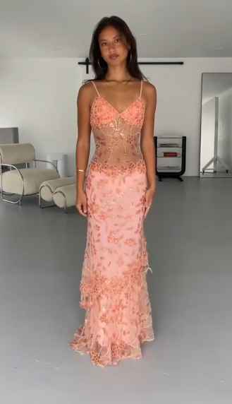 Chic Orange Prom Dress Sheath Chiffon Beaded Long Evening Dress ED10427