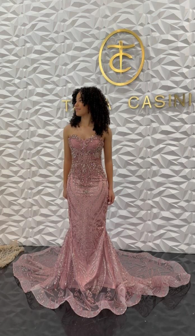 Chic Pink Prom Dress Mermaid Tulle Beaded Long Evening Dress ED10437