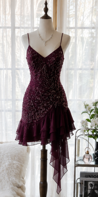 Charming Plum Short Homecoming Dress Sheath Chiffon Beaded Birthday Dress ED10445