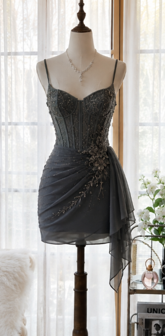 Charming Dark Grey Short Homecoming Dress Sheath Chiffon Beaded Birthday Dress ED10455
