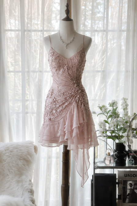 Ravissante robe courte rose pour bal de promo/retour aux sources, coupe fourreau, en mousseline perlée, robe d'anniversaire ED10457