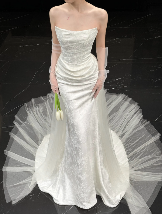 Chic White Sheath Satin Long Wedding Dress for Brides ED10478