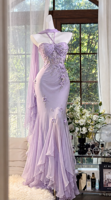 Elegant Purple Prom Dress Sheath Chiffon Beaded Long Evening Dress ED10569