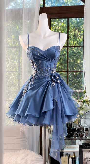 Elegant Blue Short Homecoming Dress A-Line Satin Beaded Birthday Dress ED10583
