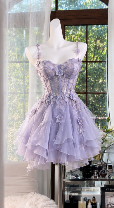 Elegant LIlac Short Homecoming Dress Chiffon Beaded Sheath Birthday Dress ED10592