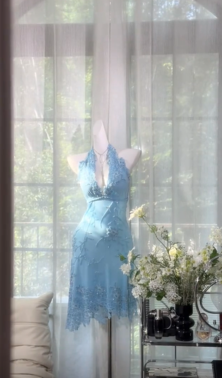 Fashion Blue Short Birthday Party Dress Sheath Satin Beaded Homecoming Dress ED10661