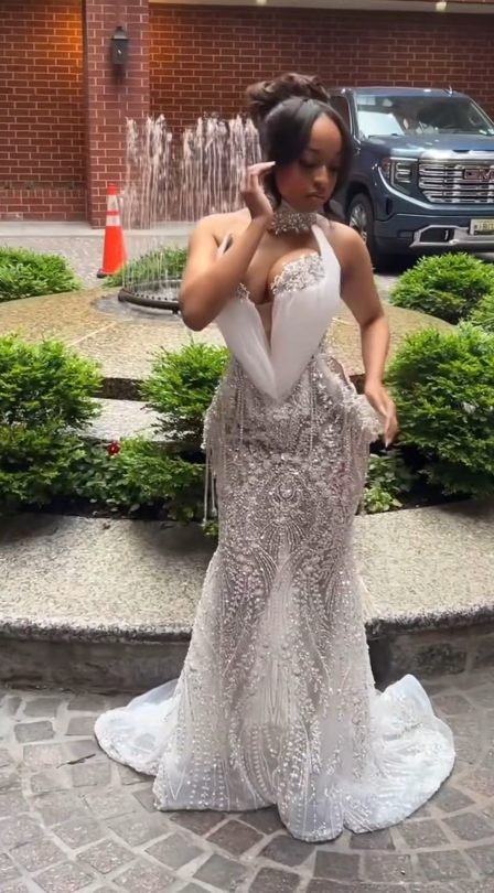 Chic White Prom Dress Mermaid Tulle Sequins Long Evening Dress ED10678
