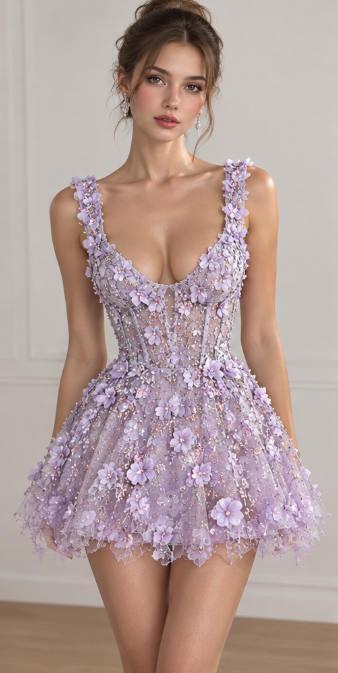 Kurzes Homecoming-Kleid aus Tüll mit A-Linien-Silhouette, hübsches Flieder, Applikationen, Geburtstagskleid ED10688