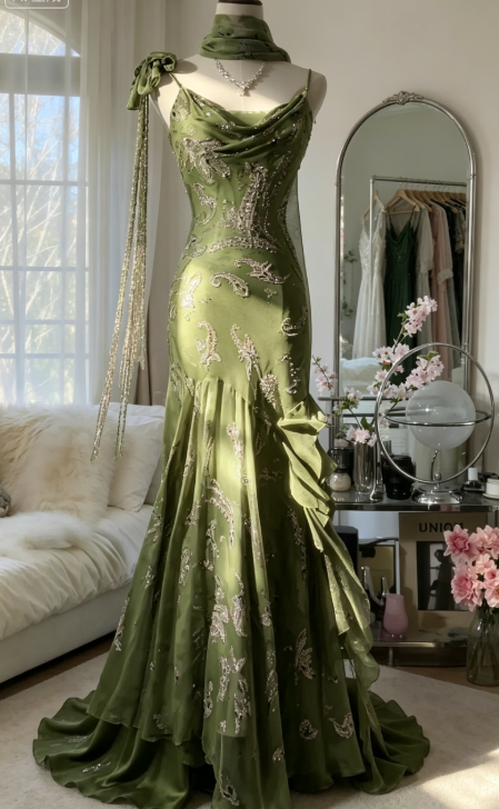 Schickes olivgrünes Ballkleid Etui Chiffon Perlen Lang Abendkleid ED10704