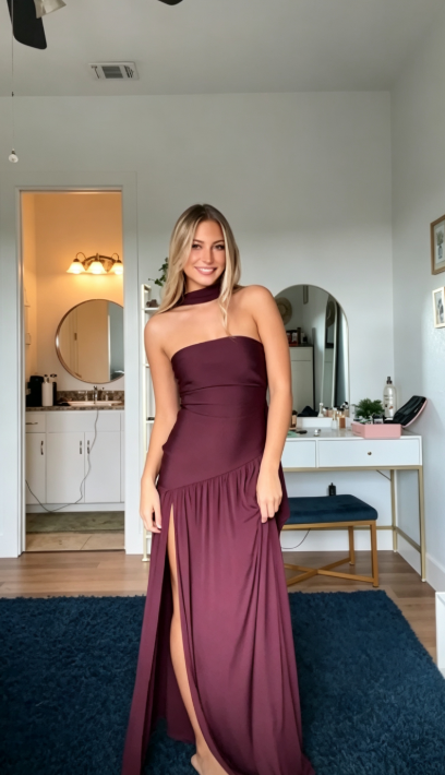Chic Burgundy Prom Dress Satin Sheath Long Evening Dress ED10798