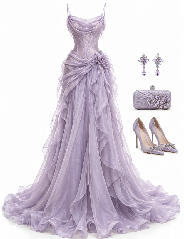Fashion Sheath Tulle Long Evening Dress Lilac Prom Dress ED10859