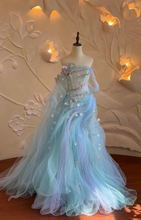 Fashion Sheath Tulle Long Evening Dress Pale Blue Prom Dress ED10863
