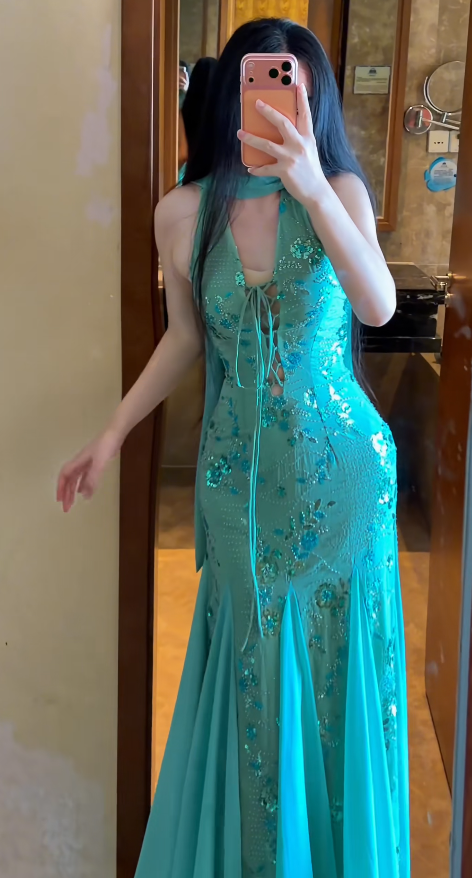 Pretty Sheath Chiffon Beaded Long Evening Dress Turquoise Prom Dress ED10866