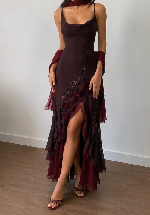 Pretty Sheath Chiffon Beaded Long Evening Dress Dark Red Prom Dress ED10867